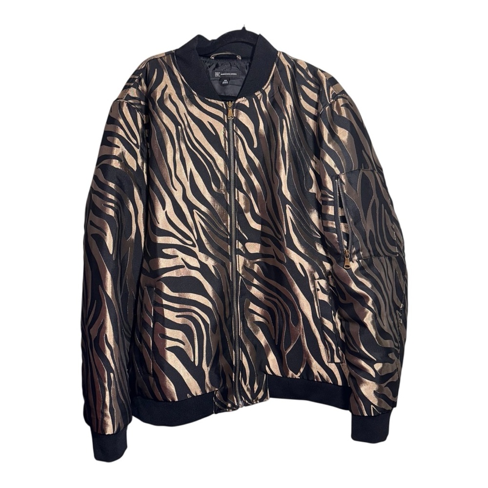 Women's Metallic Tiger Stripe Bomber Jacket Black Gold Animal Print Zip Up XXL